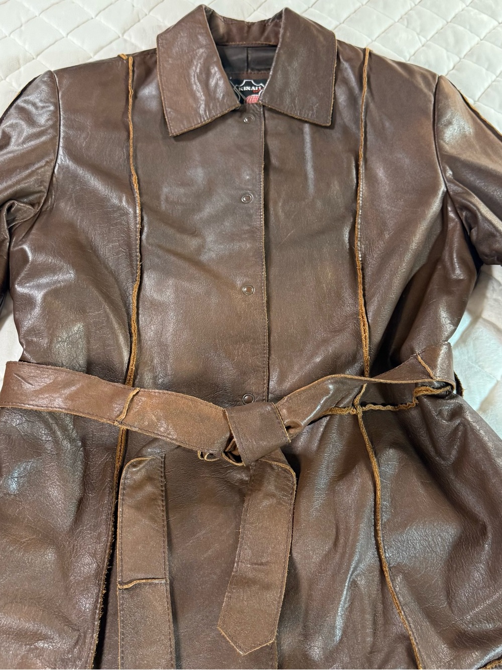 Vintage Kisaif Brown Leather Trench Coat Belted Paneled Jacket Raw Seam Y2K